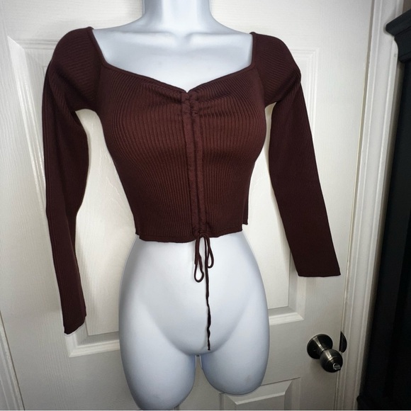 NWT Zara Women’s Medium Brown Rib Knit Off Shoulder Crop Top Sweater M - Picture 2 of 16